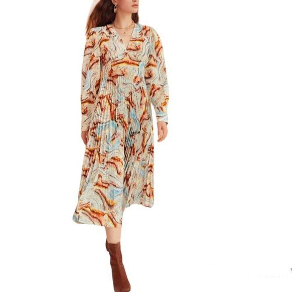 All Over Watercolor Print Pleated Midi Dress S - Picture 2 of 11